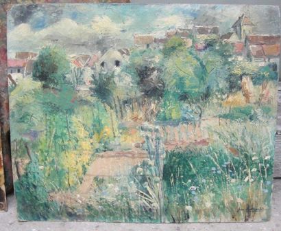 Jean d' ESPARBES (1899-1968) 
Etude de fleurs
Vue d'un jardin au bord d'un village
Deux...